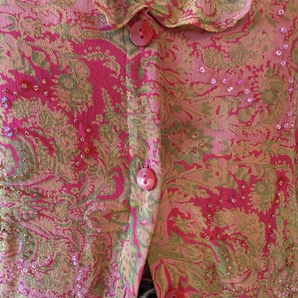 Vintage Y2K ICE Silk Paisley Beaded Ruffle Fairy Button Front Blouse Pink Wms XL - Picture 3 of 13